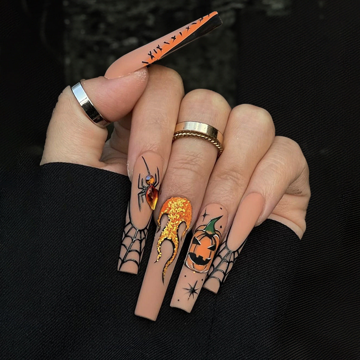 Spooky Spectacle Extra Long Coffin Beige Press-On Nail Set with Halloween Art and Glitter Accents