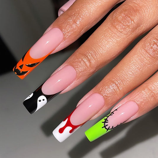 Spooky Season Extra Long Square Multicolor Halloween Press On Nail Set with Character Accents