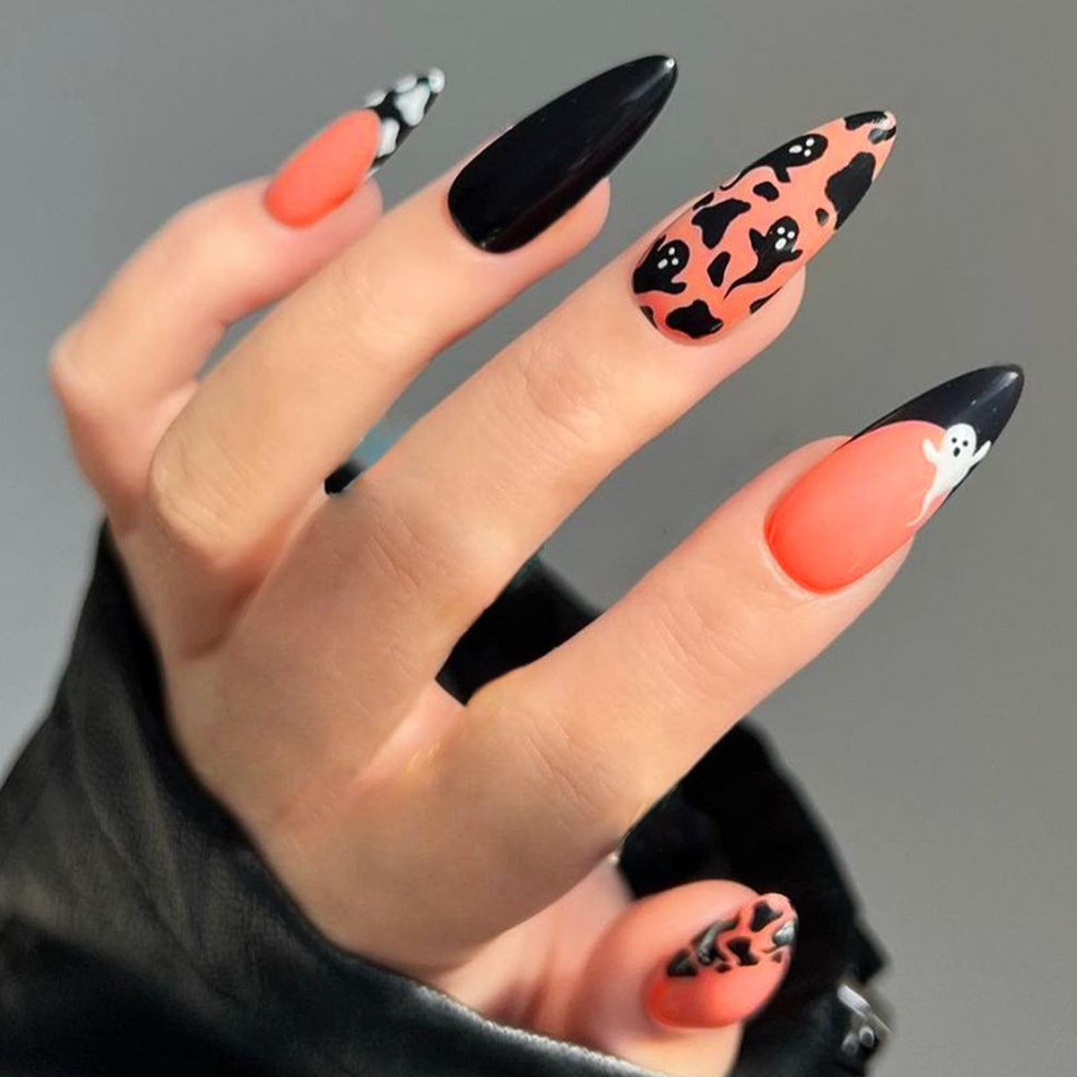 A Bunch of Ghosts Long Almond Black Halloween Press On Nails