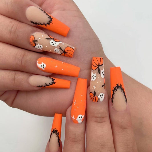 Spooky Fun Extra Long Coffin Neon Orange Press On Nails with Halloween Motif Design