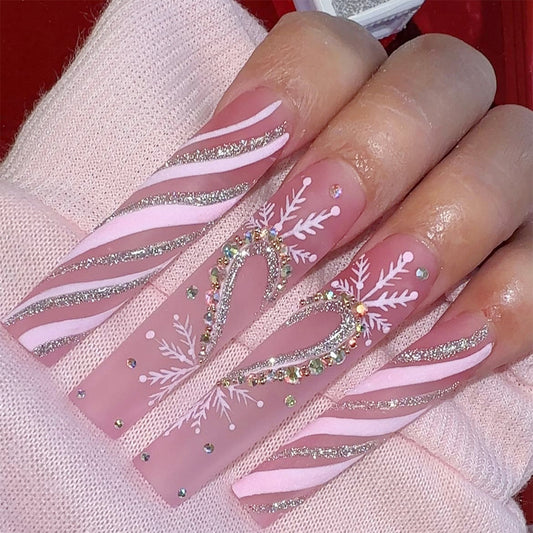 Winter Wonderland Long Square Blush Pink Press On Nail Set with Glitter Stripes and Snowflake Accents