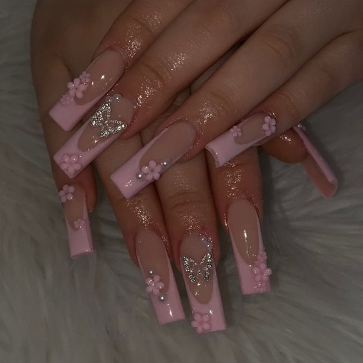 Blossom Bliss Long Coffin Baby Pink Press-On Nails with 3D Flower Accents and Glitter Detail