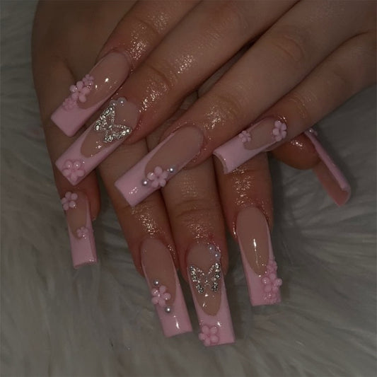 Blossom Bliss Long Coffin Baby Pink Press-On Nails with 3D Flower Accents and Glitter Detail