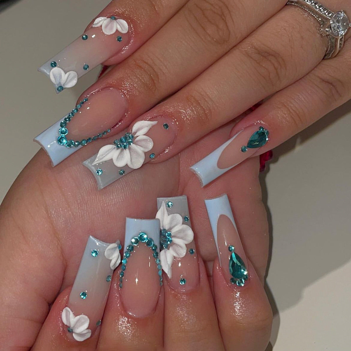 Ocean Whispers Long Coffin Press-On Nails with White and Aqua Ombre, Crystal Embellishments, and Floral Accents