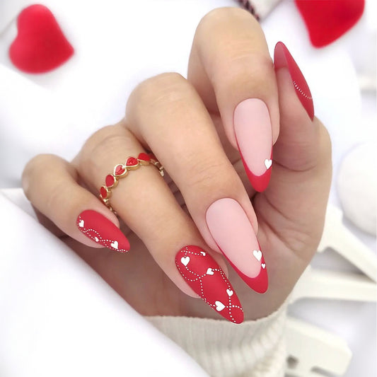 Romantic Rendezvous Long Almond Pink Press On Nail Set with Red Accents and Heart Design