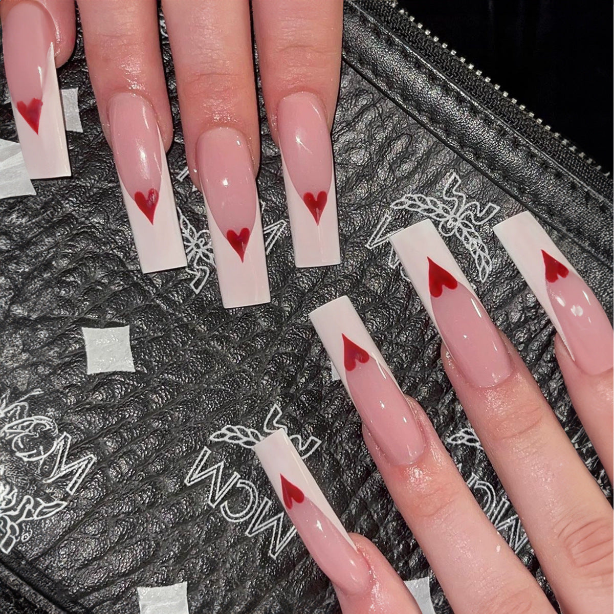 Love Struck Extra Long Square Beige Press On Nail Set with White Tips and Red Heart Accents