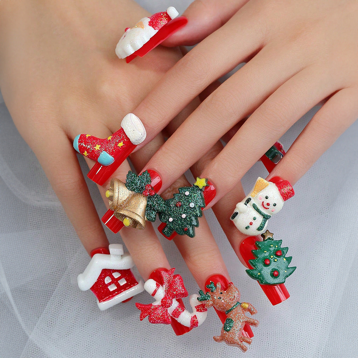 Festive Holiday Long Square Red Press On Nails with Christmas Ornaments and Glitter Accents