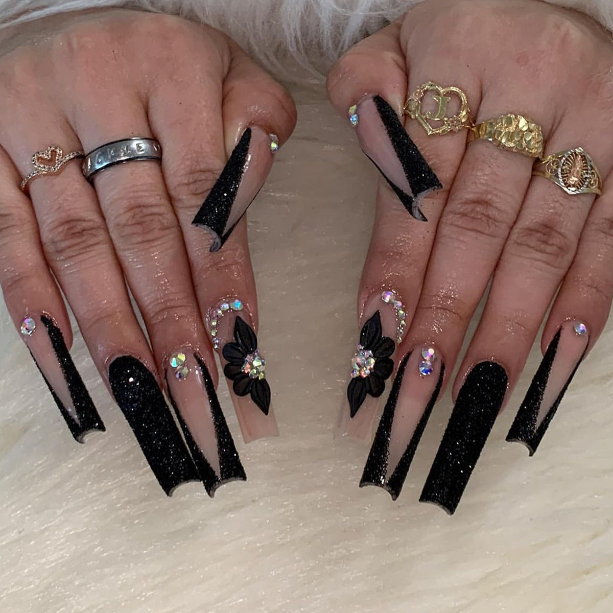 Mystical Elegance Long Coffin Matte Black Press-On Nails with Shimmering Floral Appliques