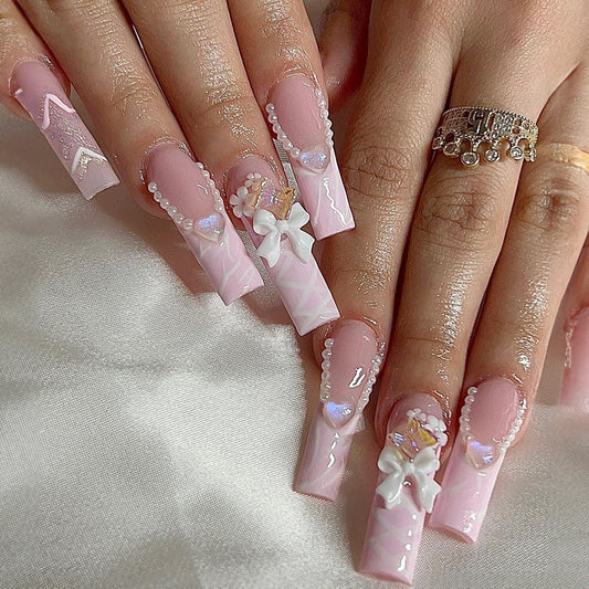 Bridal Bliss Extra Long Square Baby Pink Press-On Nails with Pearly Charms and Glitter Detail