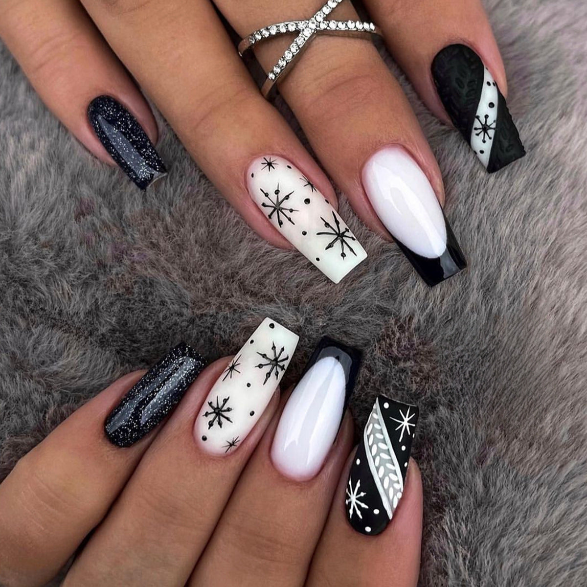 Winter Wonderland Long Coffin Black and White Press On Nail Set with Glitter and Snowflake Accents