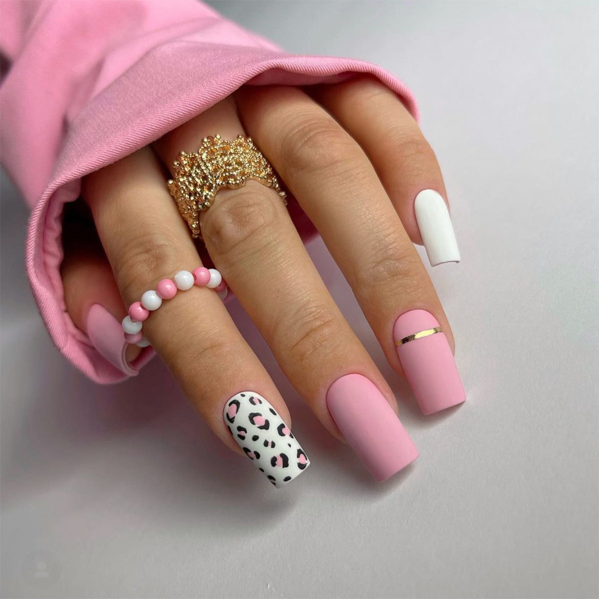 Playful Pink Party Medium Square Baby Pink Press On Nails with Leopard Print and Gold Stripe Accents