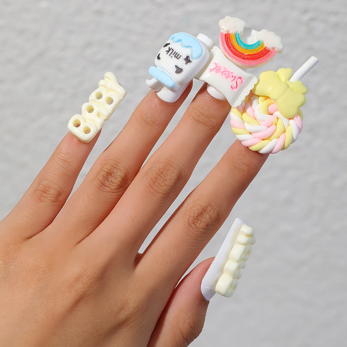 Sweet Confections Long Square Press-On Nail Set in White with 3D Candy Embellishments