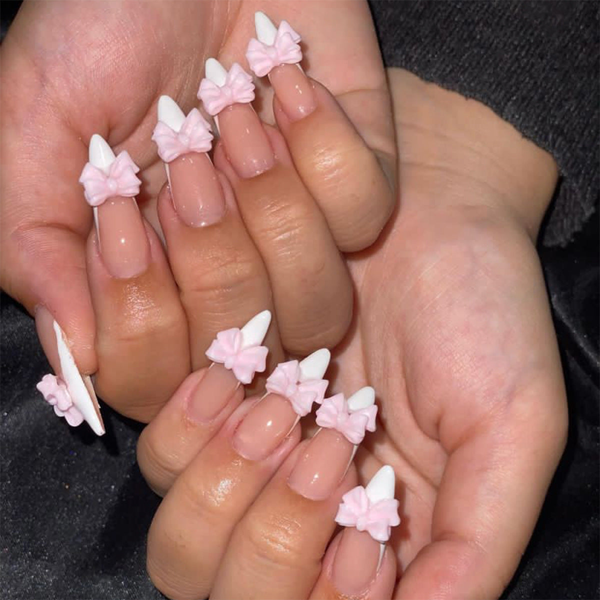 Spring Blossom Extra Long Almond Press On Nails in Beige with White 3D Flower Accents