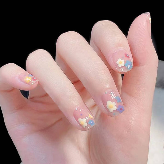 Spring Blossom Short Square Press On Nail Set with Clear Base and Floral Embellishments