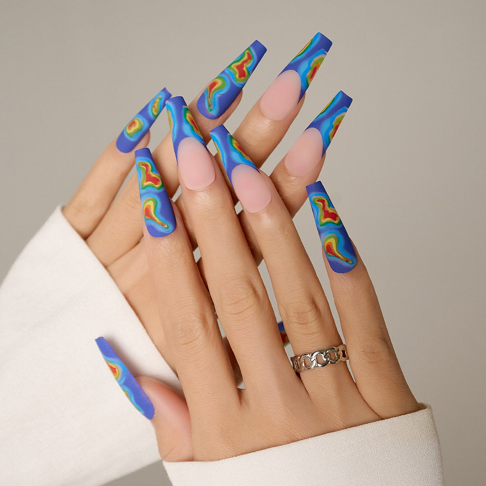 Psychedelic Swirl Extra Long Coffin Press On Nail Set with Matte Pink Base and Groovy Blue Accents