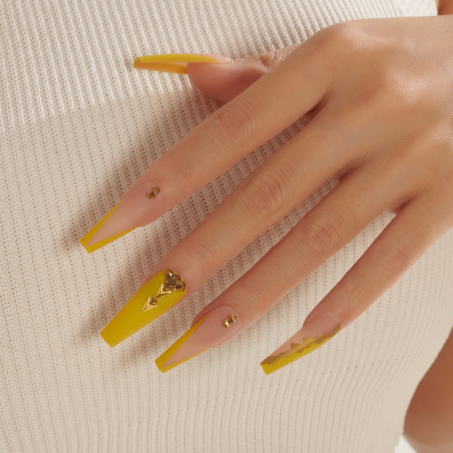 Sunny Delight Long Coffin Vibrant Yellow Press-On Nails with Gold Studs and Negative Space Detail