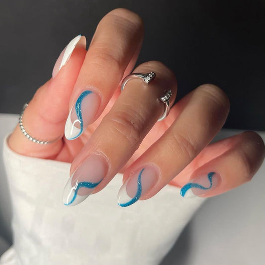 Oceanic Swirl Medium Almond French Tip Press On Nails with Blue Glitter Detail