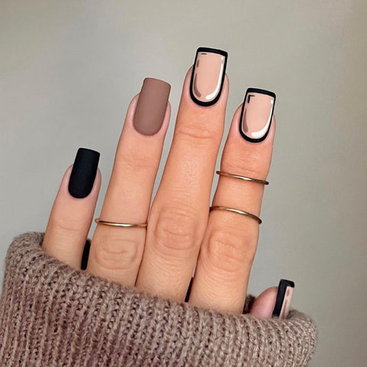 Modern Muse Medium Square Press On Nail Set, Matte Black and Glossy Taupe with Bold Outline Detail