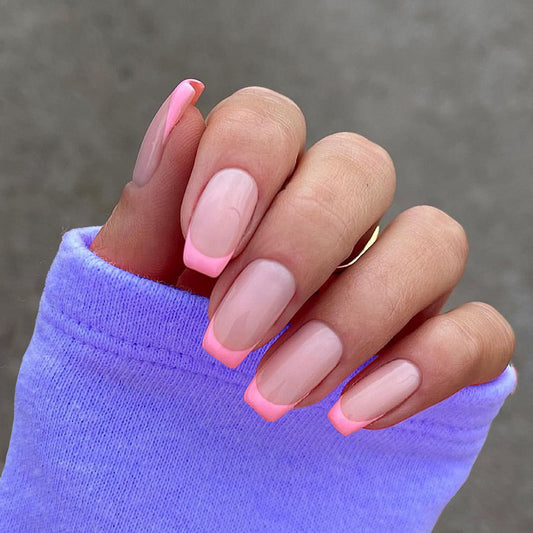 Pastel Perfection Medium Coffin Beige Press On Nails with Neon Pink Tips