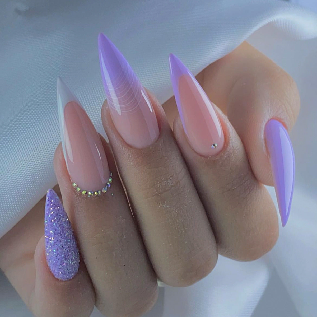 Lavender Dreams Long Stiletto Ombre Press-On Nail Set with Glitter Accent and Rhinestone Detail