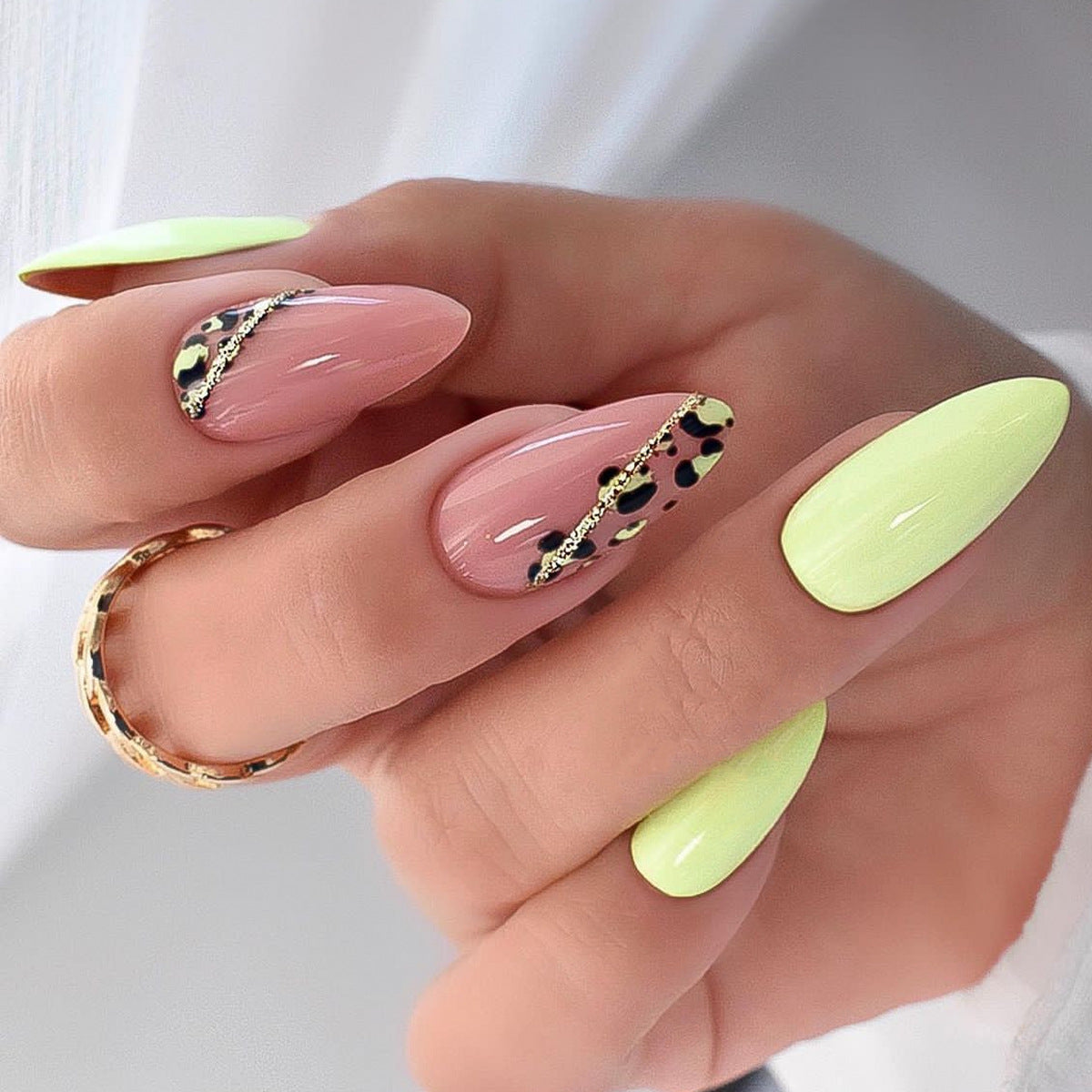 Sassy Neon Splash Medium Almond Beige and Neon Yellow Press On Nails with Leopard Print and Chain Details