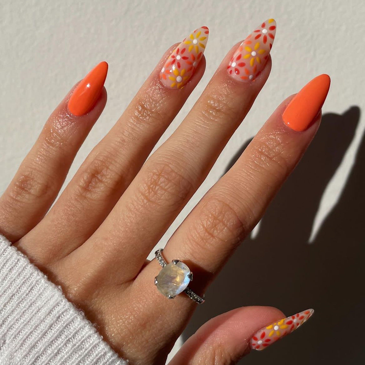 Sunshine Bliss Medium Almond Press On Nail Set, Vibrant Orange with White Polka Dot and Daisy Designs