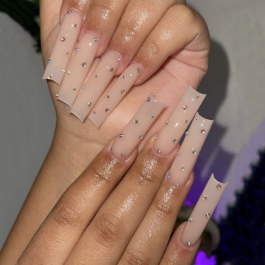 Twinkling Twilight Extra Long Square Sheer Pink Press-On Nail Set with Multicolored Rhinestone Accents