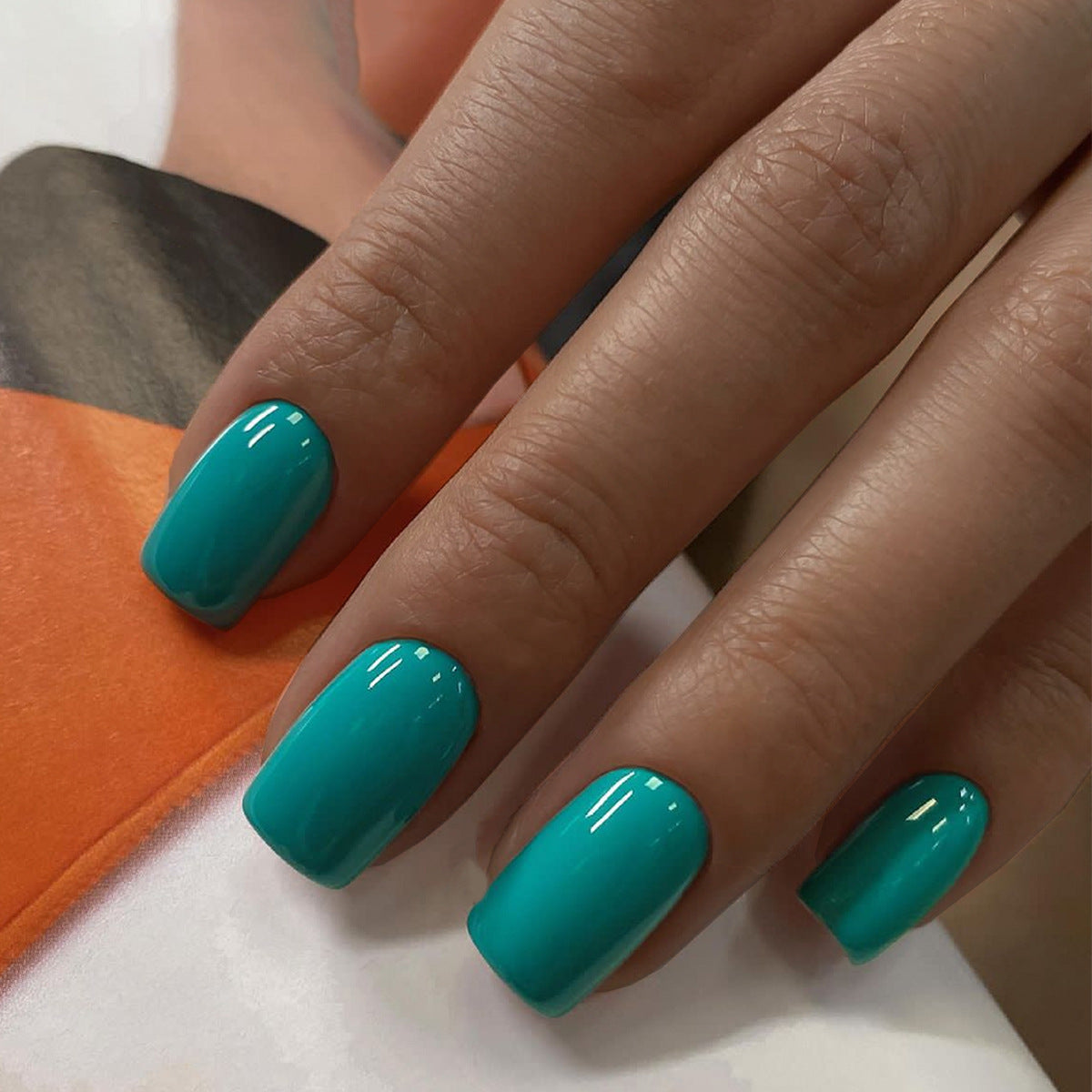 Tropical Getaway Medium Coffin Teal Press On Nails with High Gloss Finish