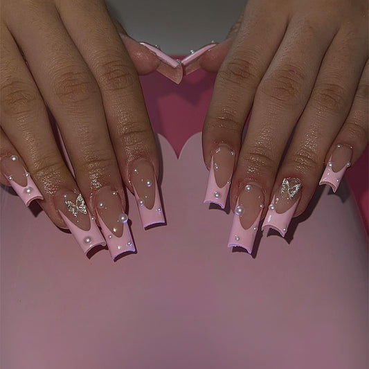 Princess Pearl Extra Long Square Baby Pink Press On Nails with Pearl Embellishments and Glitter Accent