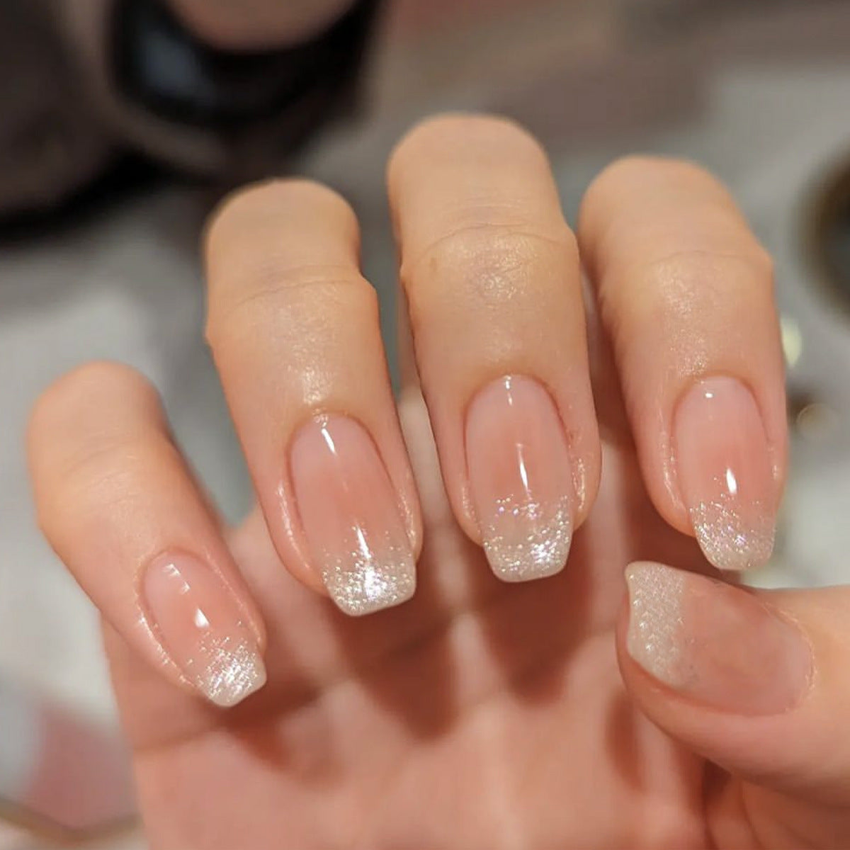 Winter Sparkle Short Square Beige Press On Nails with Glitter Fade Tips