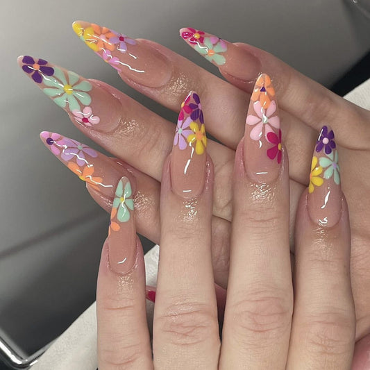 Spring Blossom Extra Long Almond Translucent Press On Nail Set with Multicolor Floral Accents