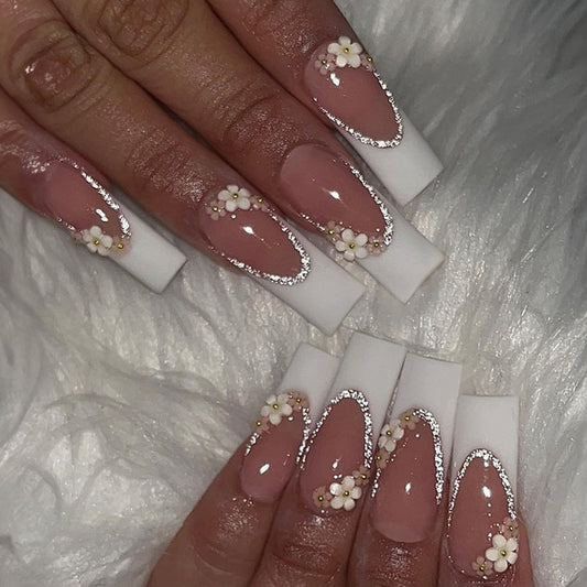 Elegant Long Coffin Beige Press-On Nails with White French Tips and Floral Embellishments