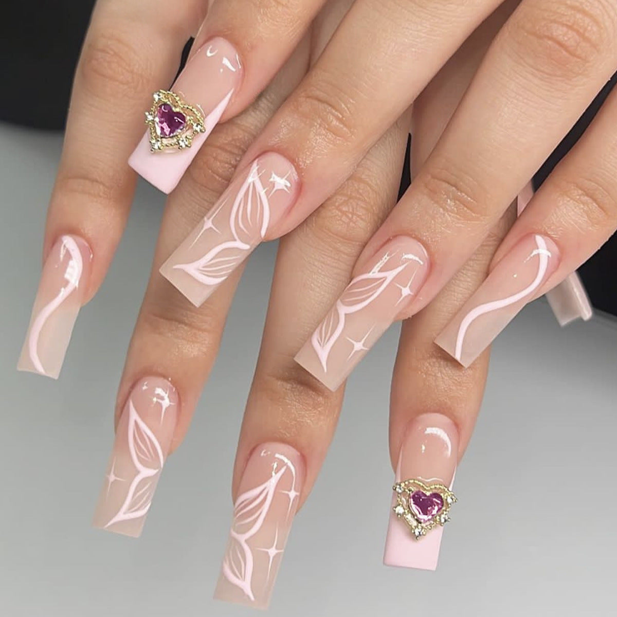 Romantic Floral Long Square Press-On Nails in Soft Pink with White Botanical Art and Jewel Embellishment