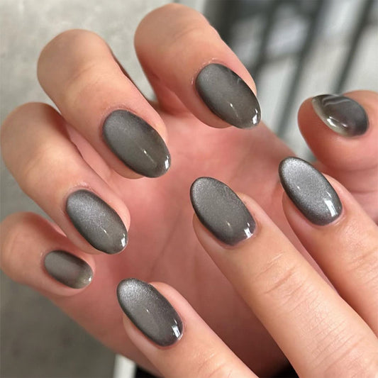 Urban Chic Medium Oval Charcoal Grey with Silver Shimmer Press On Nail Set