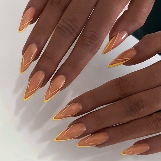 Sunset Glow Extra Long Stiletto Beige Press On Nails with Golden Yellow Tips