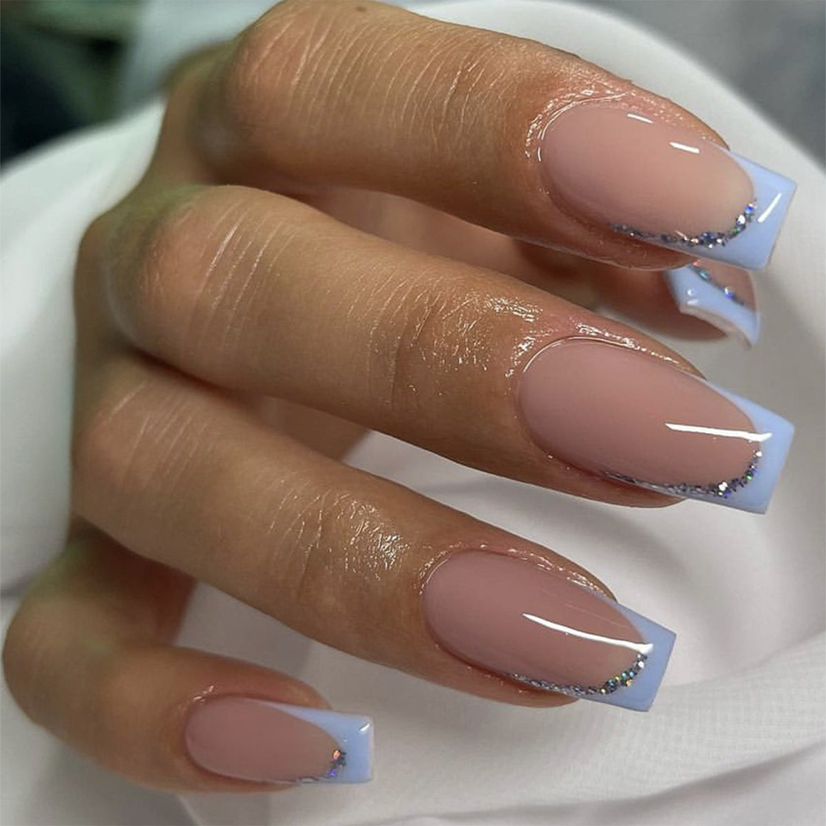 Serene Twilight Medium Coffin Beige Press-On Nail Set with Baby Blue Tips and Silver Glitter Detail