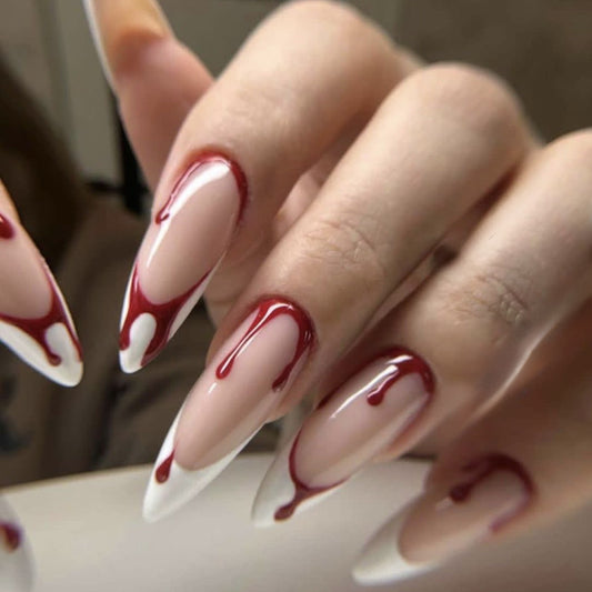 Vampire Elegance Extra Long Almond Beige Press On Nail Set with Blood Drip Art Design