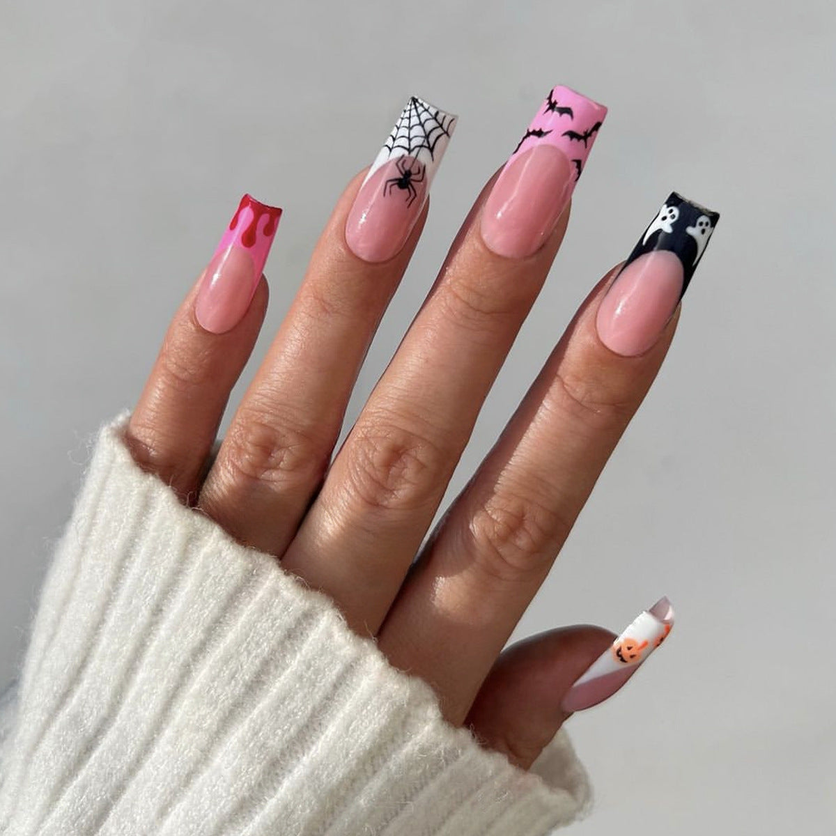 Spooky Season Long Square Pink Press-On Nails with Halloween Themed Art and Accents