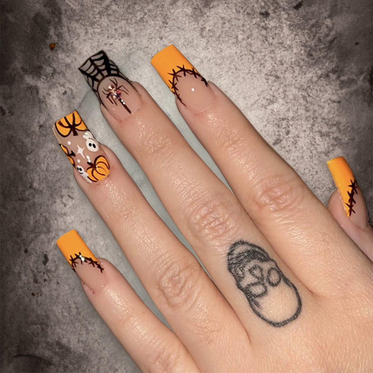 Halloween Fright Long Square Press On Nail Set, Pumpkin Orange with Black Stitch Patterns and Spider Accents