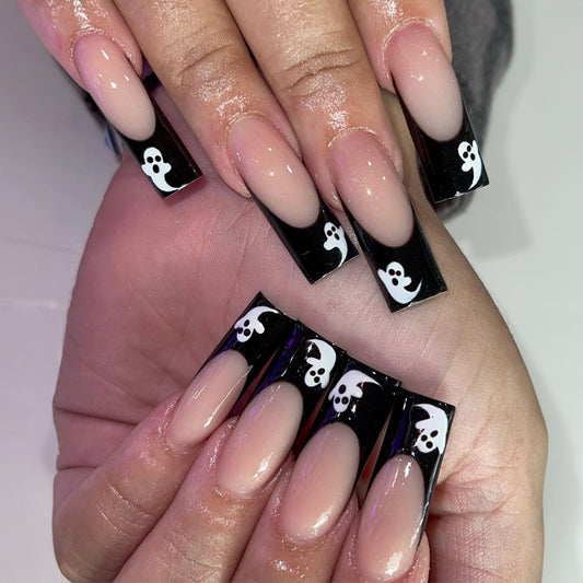 Spooky Chic Long Square Press On Nail Set, Beige Base with Black Tips and White Ghost Accents