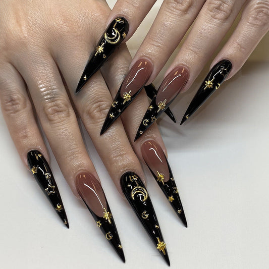 Galactic Glamour Long Stiletto Black and Beige Nail Set with Celestial Accents