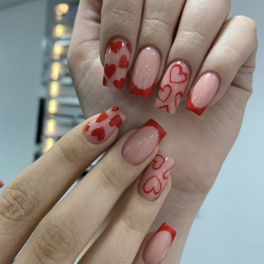 Cupid's Charm Medium Length Square Red and Beige Press On Nails with Heart Patterns