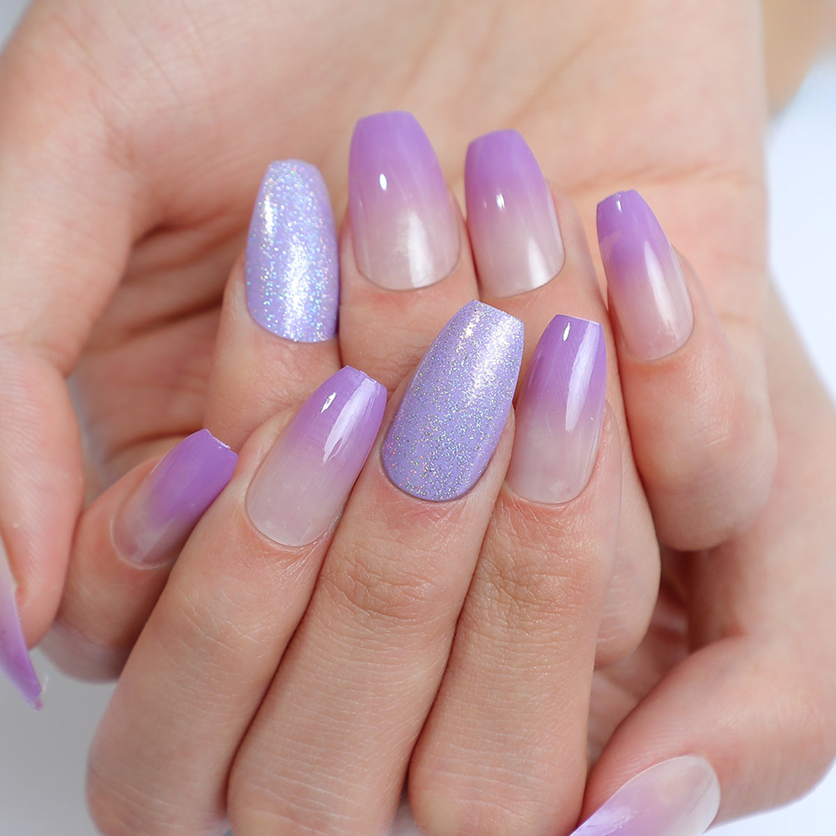 Lavender Dreams Medium Coffin Gradient Press On Nails with Glitter Accent