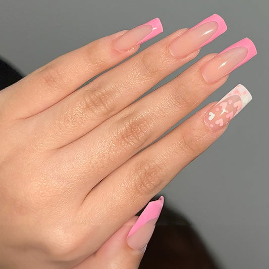 Sweetheart Pink Long Square Beige Press On Nails with French Tips and Heart Accents