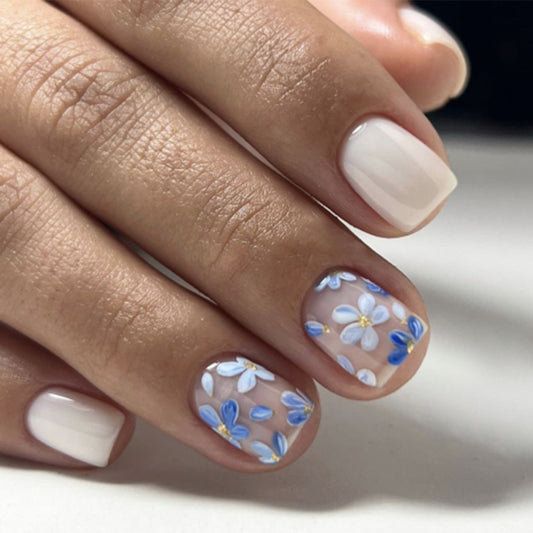 Spring Blossom Short Square Beige Press On Nails with Blue Floral Art Design