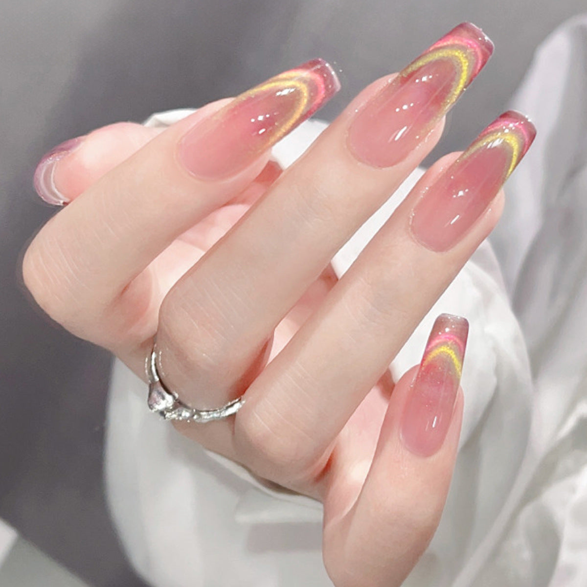 Holographic Glow Long Coffin Beige Press On Nails with Rainbow Sheen Tips