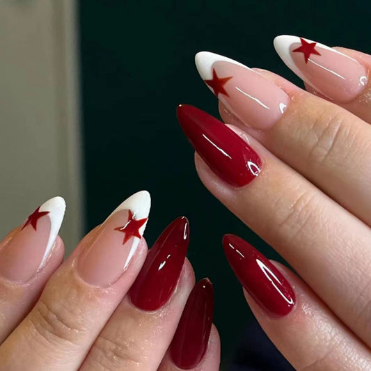 Starlight Glamour Long Almond Red and White Press On Nails with Star Design