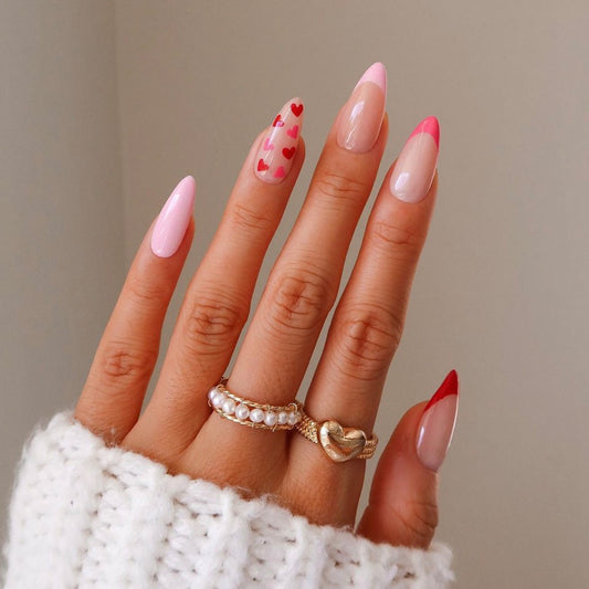 Romantic Whimsy Long Almond Light Pink Press On Nail Set with Heart Accents and Ombre Effect