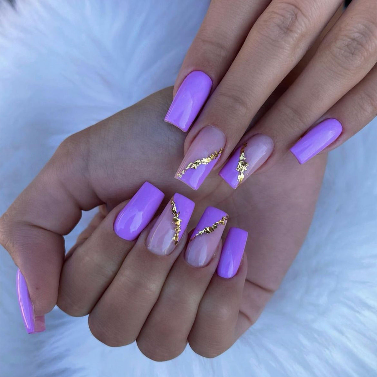 Lavish Lilac Medium Square Press On Nail Set with Gold Foil Accents