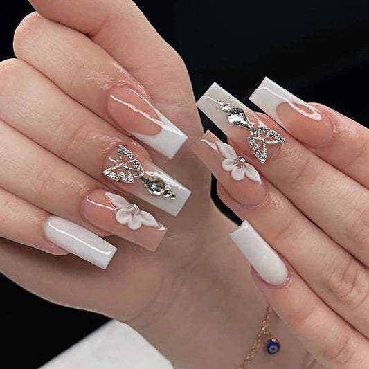 Enchanted Garden Extra-Long Square Press-On Nail Set in Soft Pink with White French Tips and 3D Floral Embellishments